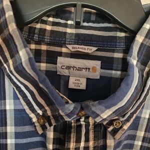 Carhartt Men's Navy and White Plaid Button Down Shirt 2XL